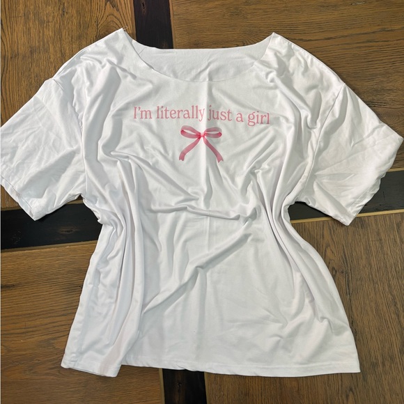 Off the shoulder White T-Shirt with Pink Bow Graphic - Picture 1 of 1